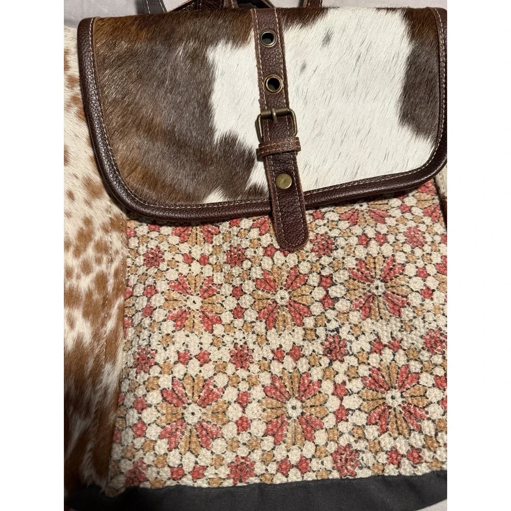 Myra Bag‎ Canvas Genuine Leather Cow Hide Backpack Western Festival Up Cycled